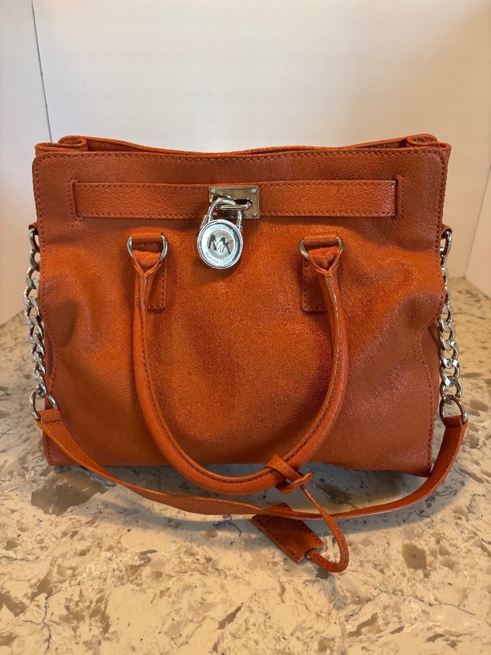 Michael Kors Hamilton Leather Cognac Orange Tote Iconic Lock Handbag